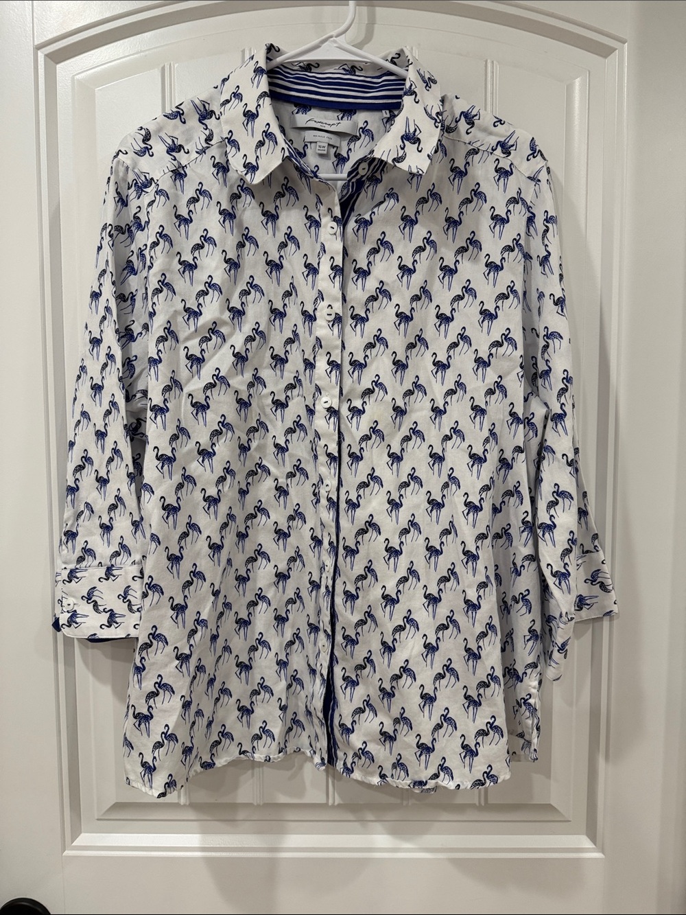 EUC Foxcroft White Button-Down Shirt with Blue Flamingo Print